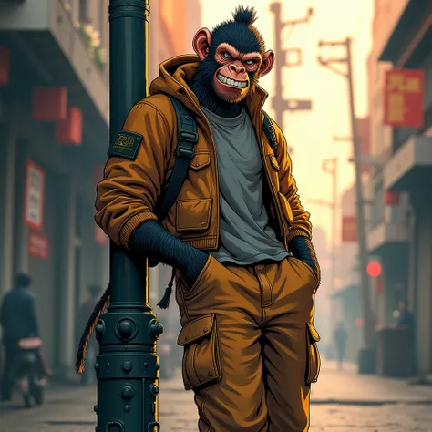 Mordern Monkey King Wu kong  in anime style , leaning from a pole , smirking ,  angry eyes, wearing baggy utility clothes 