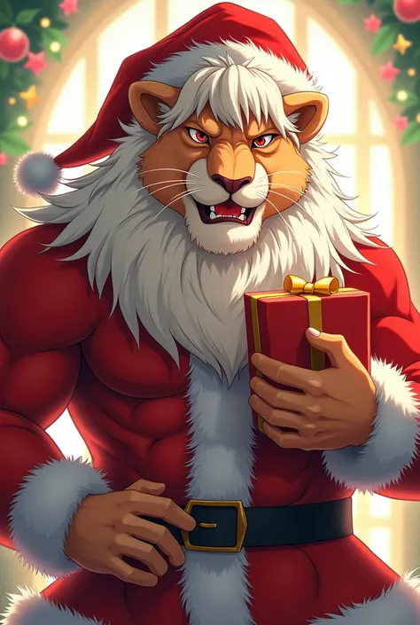  Furry lion muscular ,  disheveled white hair, Ojos rojos,  flirty smile ,  Santa Claus dress ,  Santa Claus hat , holding a gift box, Anime style, fringe 