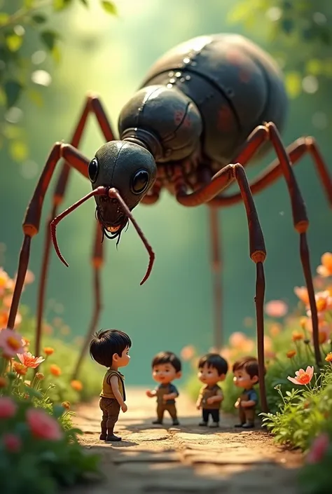 , a miniature boy in the garden with four friends. In front of him is a huge ant 