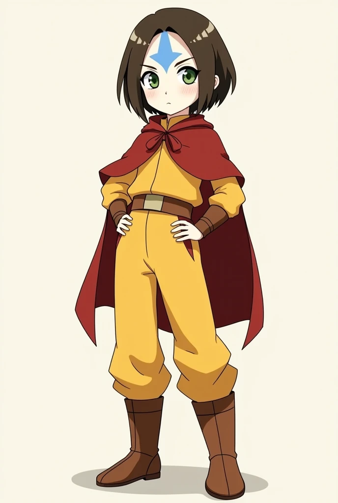  A girl with short brown hair ,  green eyes,  white skin ,  is dressed like the air nomodas ,  a yellow jumpsuit ,  with somewhat long brown boots ,  a belt in the middle of the suit and a red poncho , He has a blue arrow drawn on his forehead ,  that runs...