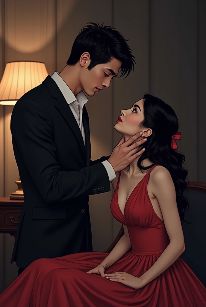 A man gently holds a womans chin. She is seated below him, looking up at him with a mixture of vulnerability and longing. He is dressed in a sharp, dark suit, and she wears a flowing, elegant gown. The setting is dimly lit and intimate, creating a mood of ...