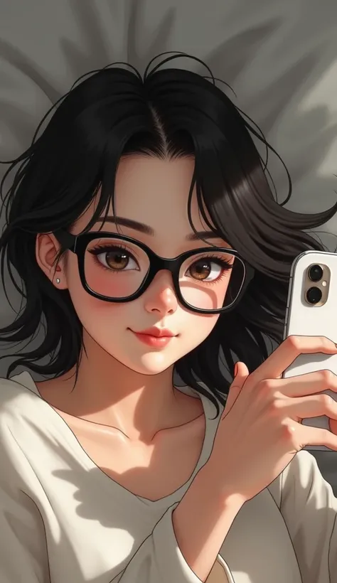   Girl with black glasses  , realism,  but shes Latina  ,  She has a sleepy face  ,  she takes a selfie ,  smiling , Covering your eyes ,   covers half of her face with the latest iphone model,   shes lying in her bed  ,  Its a sunny day  ,   shes an avid ...