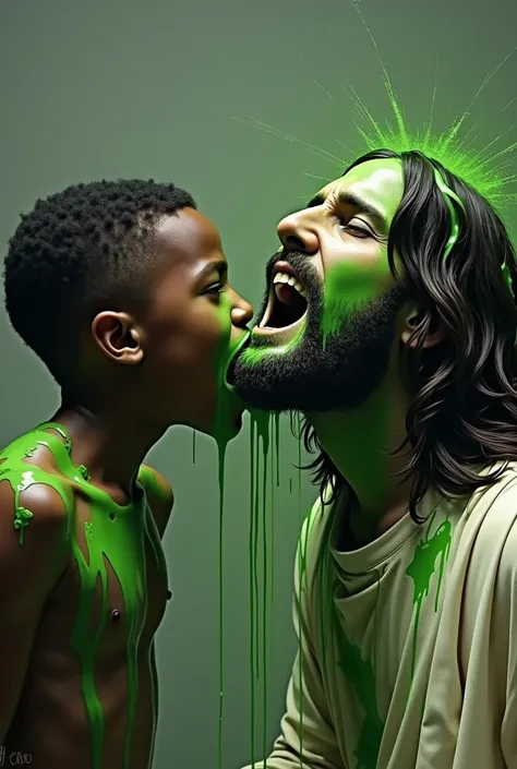 A black boy with short hair who is vomiting green vomit on the head of Jesus and Jesus who is screaming 