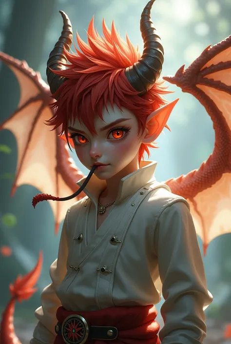 (masterpiece), best quality, expressive eyes, perfect. Dragon boy white wings and tail dragon horns red eyes red hair pocky in his mouth elf like ears small claws