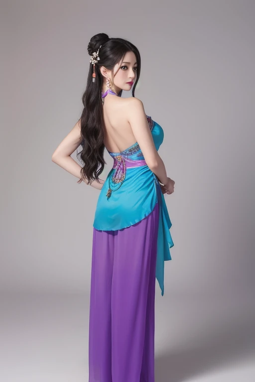 The woman is wearing an ancient dance costume, including a light blue full-length halter top blouse, and purple chiffon trousers on the bottom. She is an oriental beauty with a very Chinese style. The costume is very Song Dynasty style. She has her back to...