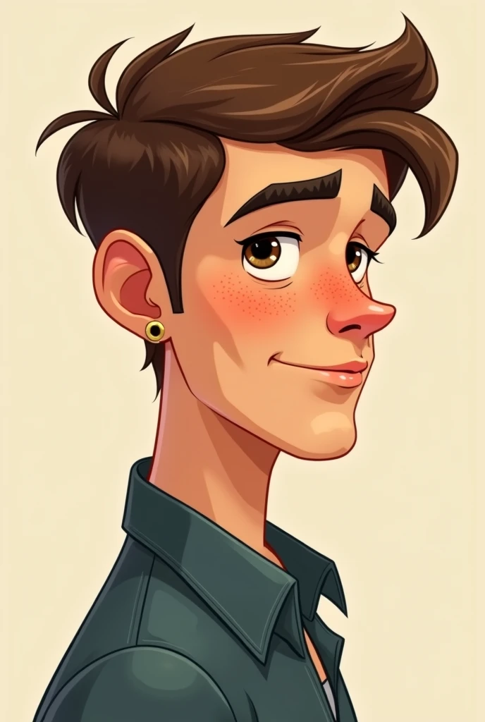 Profile photo in cartoon , handsome man,  fair skin ,  stylish brown hair brown eyes orange freckles on the face earring on the thin ear 