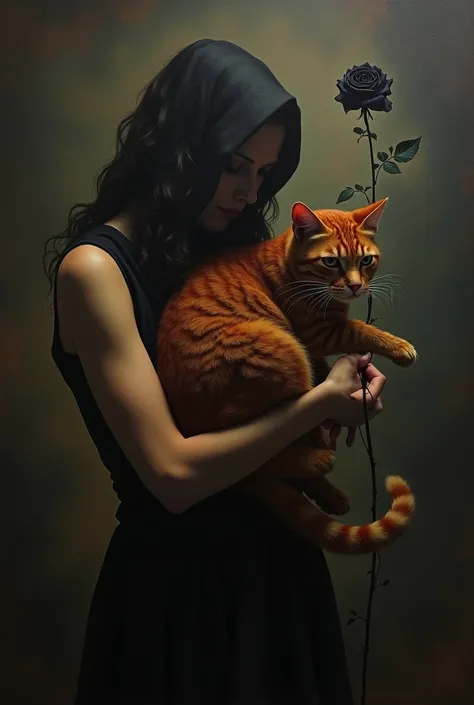 A surreal, symbolic painting of a woman with a black dress, her face obscured in a dark, mysterious background. She holds a black rose in her hand and cradles a red cat in her arms. A cat touches the night, which is symbolized by deep shadows, representing...