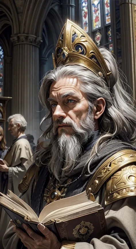 1 person, elder,  solo focus , 132 years old, Clever Face ,  medium gray hair and beard , Medieval scholar costume ,  tall ,  Light Grey Eyes , masterpiece, , Crazy Details ,  realistic ,  detailed face ,  detailed skin texture showing the cathedral,  Blur...