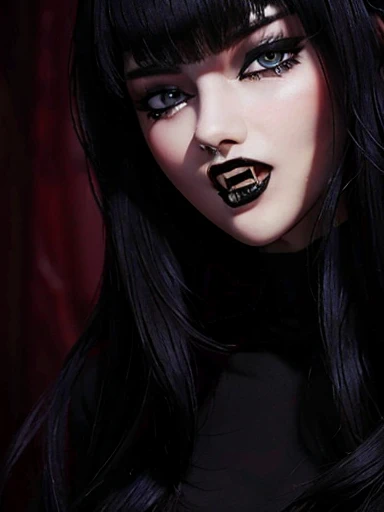 A pretty girl with long straight black hair ,  cute face,  blue eyes and dark makeup ,  full red lips ,   open mouth showing affiliated fangs of vampires,   black lipstick ,  big boobs and slender body 8k detailed wallpaper  