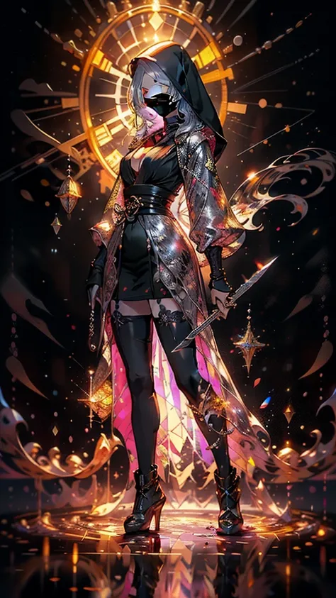 16k,Super fine,masterpiece,best quality, (silhouette art:1.4), (Double Exposure:1.3), The Queen in a stylish and sexy ninja hoodie with one eye covered with a black cloth like an eyepatch that shows off her cleavage and thighs looking down with confidence ...