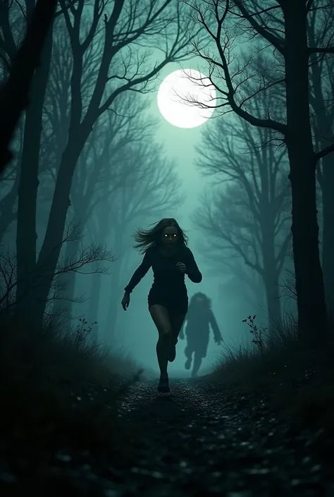 A flashback in dark tones :  a woman running through the forest under the light of the full moon. The wind shakes the trees,  and a werewolf seem to follow her .  in a quick cut , Her eyes glow yellow ,  and her silhouette begins to transform .