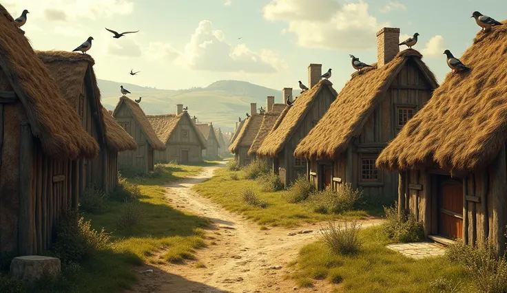 A peaceful medieval neighborhood with several Drevlian thatched-roof houses scattered across a sunny landscape. Birds, including pigeons and sparrows, are perched on the rooftops, some fluttering while others rest quietly. The houses are rustic, with straw...