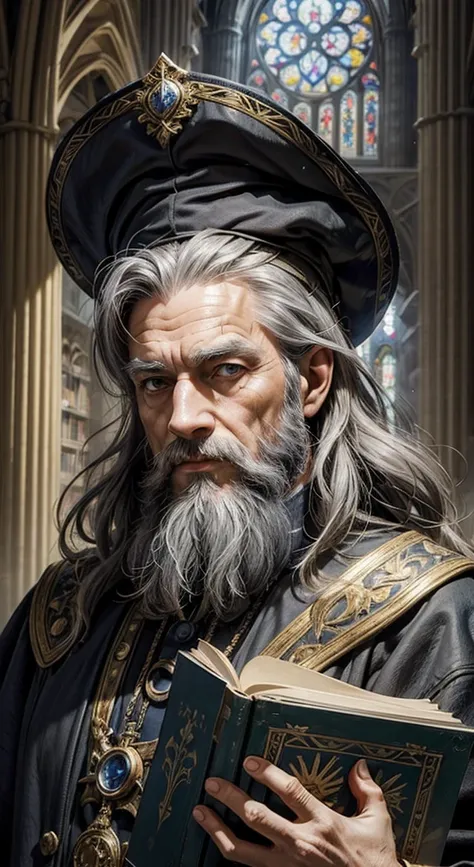 1 person, elder,  solo focus , 132 years old, Clever Face ,  medium gray hair and beard , Medieval scholar costume ,  tall ,  Light Grey Eyes , masterpiece, , Crazy Details ,  realistic ,  detailed face ,  detailed skin texture showing the cathedral,  Blur...