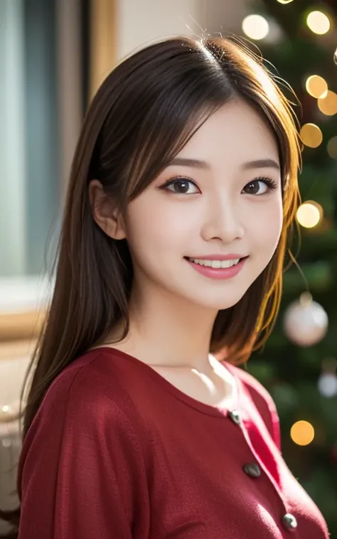  cute 21-year-old Japanese、 Christmas、smile、  Super Detail Face 、 pay attention to the details with the hem of the clothes、double eyelid、Beautiful thin nose、 clear focus :1.2、Beautiful woman:1.4、(Light brown hair, shortcut , top-quality、Sparkle、​masterpiec...