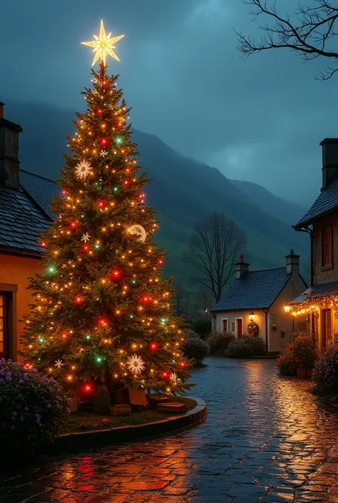 A magical Christmas tree adorned with colorful lights and glittering decorations, topped with a bright, twinkling star, stands on a small market square in the old 20th century rural Irish village surrounded by the stunning green Irish landscape on a dark, ...