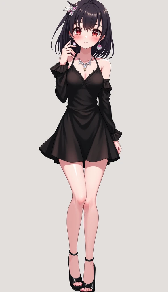  anime girl.  Full length from head to toe . 27 years old. Short black silky shiny dress .  Black shiny shoes open-toe heels.  Pink lips and long pink nails .  Big chest and ass ,  choosing from a dress .  thin waist.  White pink gemstone necklace .  White...