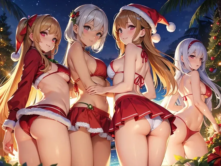 masterpiece,  top quality ,  ULTRA DETAIL,  illustration, Detailed light,  happy , ,  Highlight Hair ,  small breasts,  body with beautiful details, Detailed glowing eyes, 4 Girls Looking Back , , Her waist, glass,  Full view of the butt ,  show your butt,...