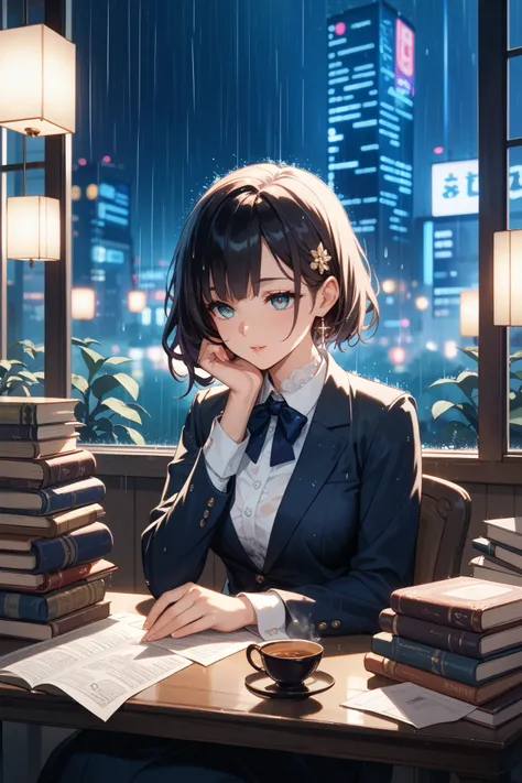 rainy night, beautiful Japanese woman, delicate features, sitting on a chair, leaning on a desk, gazing out a rain-streaked window, warm indoor light, melancholic and introspective mood, elegant outfit, scattered books, cup of tea, faint city lights blurre...