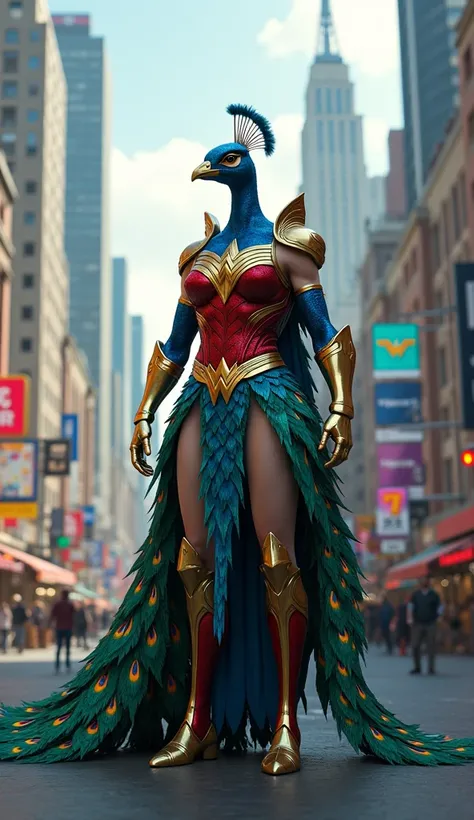 peacock monster wears wonder woman dress in city