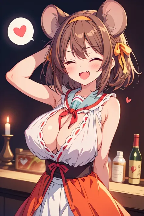 1 girl, open mouth, (one eye closed), smile, blush, stick out tongue, mouse ears, crazy eyes: 1.2, long tongue, fang, glowing eyes,kawaii, heart spoken,Arms behind back,suzumiya haruhi,Gigantic chests,