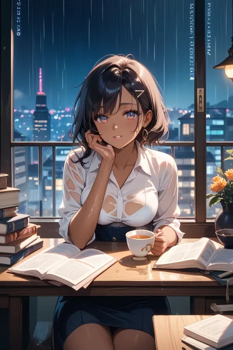 rainy night, beautiful Japanese woman with delicate features sitting on a chair, leaning on a desk, gazing out a window, raindrops on the glass, soft warm indoor light, woman is indoors and not getting wet, dark melancholic atmosphere, scattered books, cup...