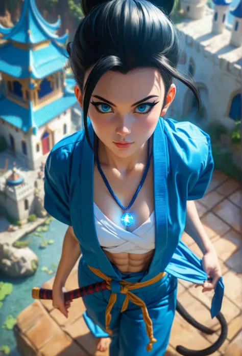 1 female, Beautiful saiyan princess, photoreaistic, young, fair skin, long black hair, blue eyes, brown monkey tail, black eyeliner, fit. (((Wearing blue karate gi))) Japanese castle background. Wearing glowing pendant. high angle view.