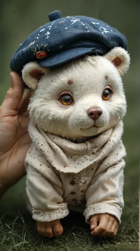 (zPDXL2), (PonyXLV6_Scores), rating_safety, Expressiveh, full body shot, BREAK
lhata4564, d3t41l3d, 
Knitted toy bear, small anthropomorphic animal, in a hat and antique clothes of the 17th century, macro photography in thick grass, dew drops reflecting th...