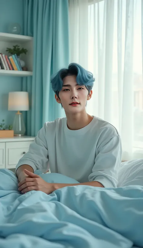 Prompt da imagem:

A 24-year-old Korean boy with blue hair styled in soft, wavy layers, sitting casually on a neatly made bed in a pastel blue minimalist bedroom. He has a square face with sharp, defined features, a sexy and confident look, a defined nose,...