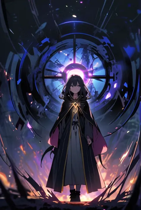 Young Wizard girl with dark blue cloack standing  beside a magical floating portal light