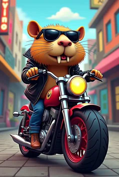 Cartoon Capybara rocker on a motorbike 