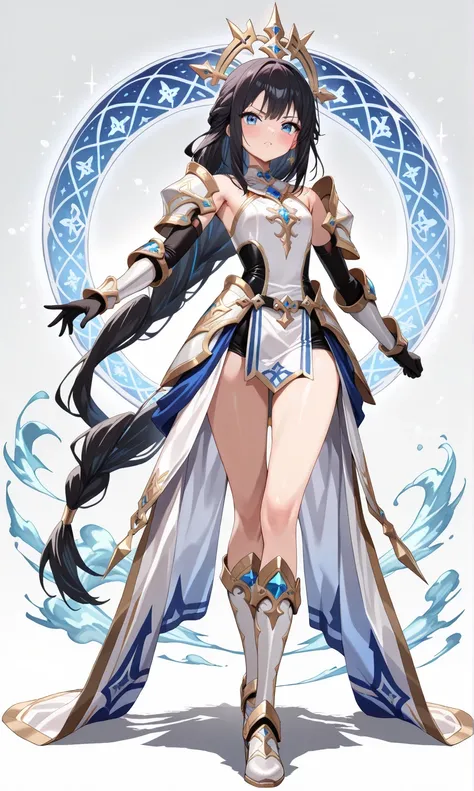 (((masterpiece, best quality, 16k))) Design a layout showcase Gaming character, (1girl). A breathtakingly beautiful young slender female Paladin with long tied, flowing, black hair and intense blue eyes , wearing an ornate godly, white gold armor(extremely...