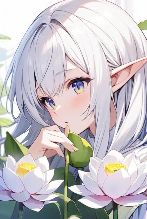 young elves girl long white hair, with white cloack holding a blooming lotus flower