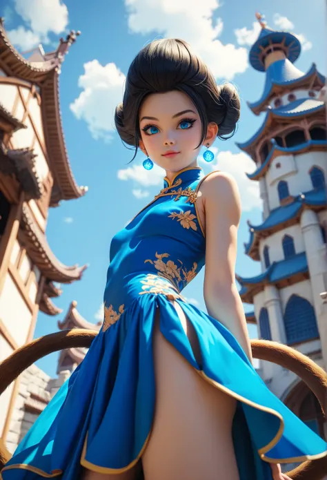 1 female, Beautiful saiyan princess, photoreaistic, young, fair skin, long black hair, blue eyes, brown monkey tail, black eyeliner, fit. (((Wearing royal blue chinese dress))) Japanese castle background. Wearing glowing earrings. low angle view.