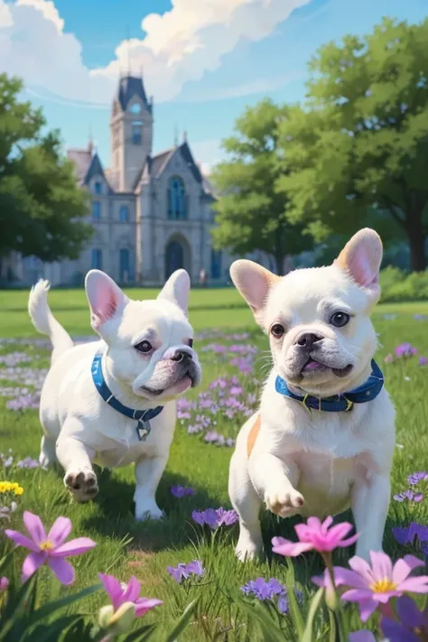 “Two white French Bulldogs playing energetically outdoors in a stained-glass style illustration. The scene features bright colors and intricate patterns, with a vibrant blue sky, green grass, and flowers in the background, capturing the dynamic movement of...