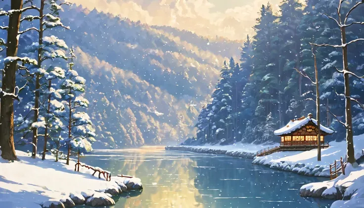 Ghibli inspired artwork Christmas ,lanscape ,forest ,river ,snow, beautiful