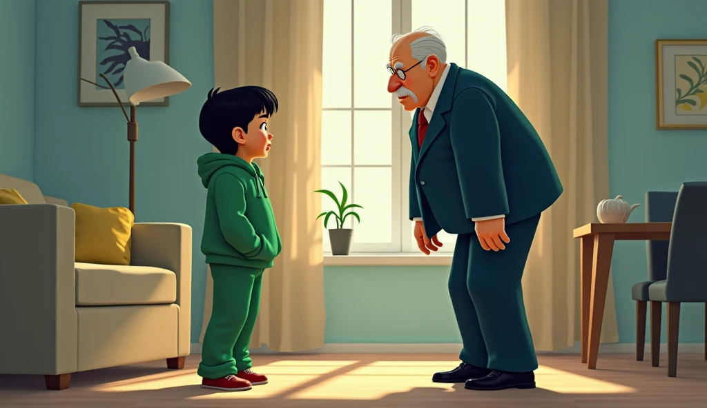  The tall 28-year-old Japanese man ,  black hair with bangs , He wears a green hoodie and green pants ,  is being kicked out of the house by his fair-haired father, red mustache,  in a dark blue suit and a black shoe and his father is angry . 3D STYLE DISN...