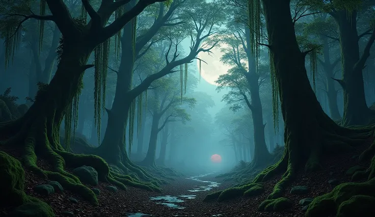 - A dark, dense forest with towering trees covered in vines. The forest floor is littered with dry leaves and moss-covered rocks. Moonlight filters through the thick canopy, creating patches of light and shadow. The scene is hauntingly quiet, except for th...