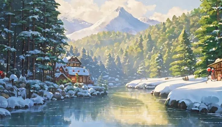 Ghibli inspired artwork Christmas ,lanscape ,forest ,river ,snow, 