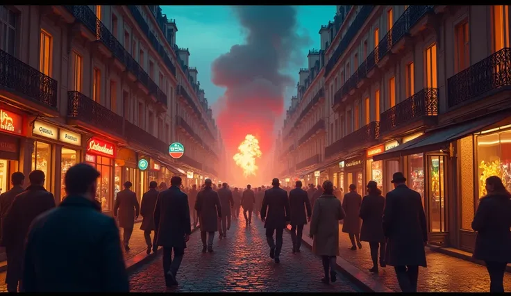 ((City Paris ))(( season of 1940 ))((With explosions on the horizon))((at night))((detailed))(( with only people walking on the street))(( colorful image ))
