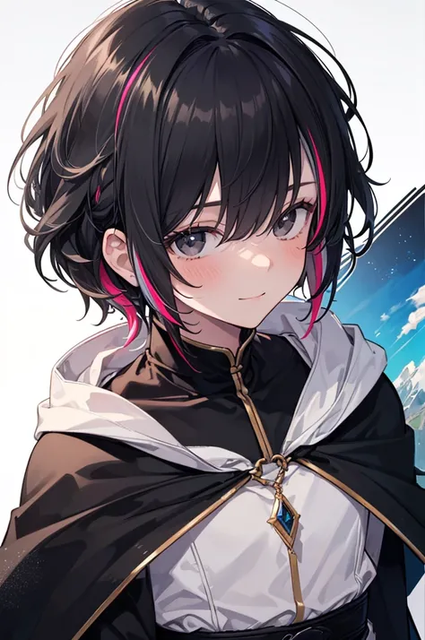 Masterpiece, ((1 boy)), ((Best Quality)), (Ultra-detailed), Highly detailed, (Portrait), ((Streaked hair, Cute Handsome Boy, Black hair, Black eyes)), ((20-years-old, Male)), ((White Skin)), ((Black Adventure Outfit, Black Cape, Medieval)), (Beautiful scen...