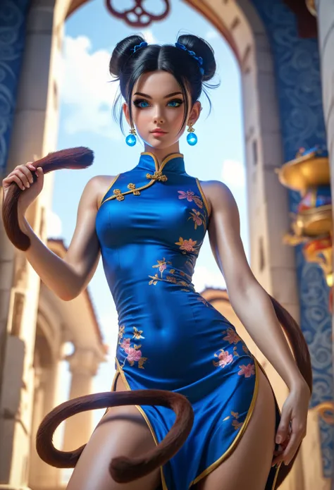 1 female, Beautiful saiyan princess, photoreaistic, young, fair skin, long black hair, blue eyes, brown monkey tail, black eyeliner, fit. (((Wearing royal blue chinese dress))) Japanese castle background. Wearing glowing earrings. low angle view. marital a...