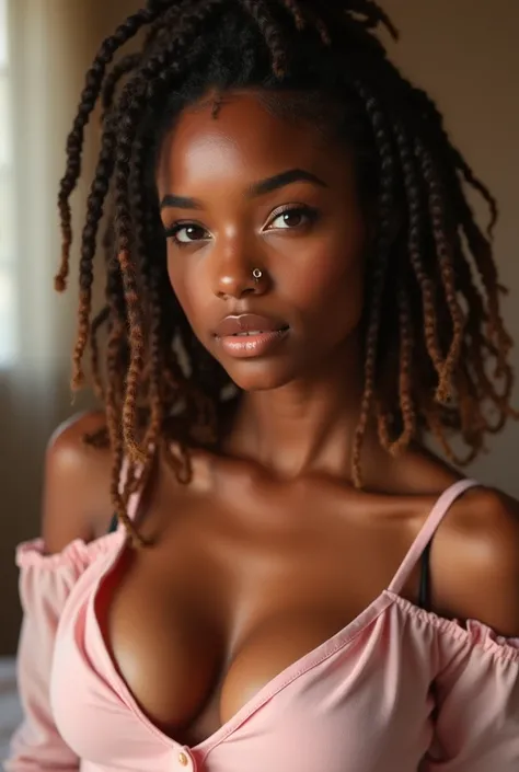 A dark skin female whos super cute and she has a cute noes piercing and brown dreadlock, wearing pick pajamas, with middle size boobs 