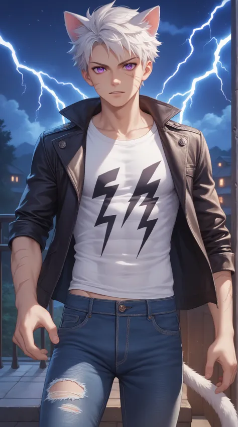 young guy, boy, short white hair, cat ears, purple eyes, scars, open torso, white ripped shirt, jeans, mutant claws, night, lightning, Masterpiece, best quality, Full HD, 8k, ultra details, great graphic, anime style, 2D, detailed eyes, beautiful eyes, bea...