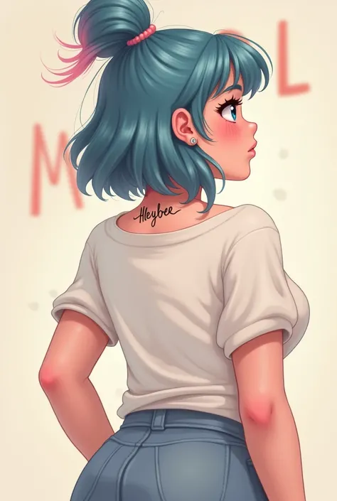 Pitcure of beautiful little chubby woman from behind with a tattoo of the name HEYBEE not very short hair blue and pink wear white shirt with mpl background