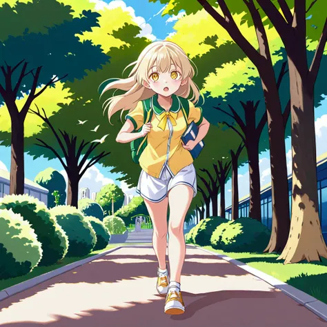 yes está indo para a escola,  has a backpack on her shoulders and carries a book in her hand.  wearing her blue and white school uniform . yes, she&#39;s blonde,  long hair,  and she has clear eyes . She follows the sidewalk .