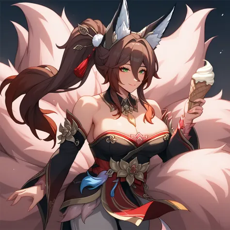 Large biceps, ( huge natural breasts)), (score_9, score_8_up, score_7_up, source_anime, fge, large breasts, fox ears, fox tail, pink tail, multiple tails, long hair, brown hair, hair between eyes, green eyes, hair ornament, kitsune, large breasts, animal e...