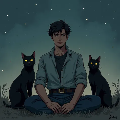 A brave and strong young man sits at night next to two black cats, illustrations 