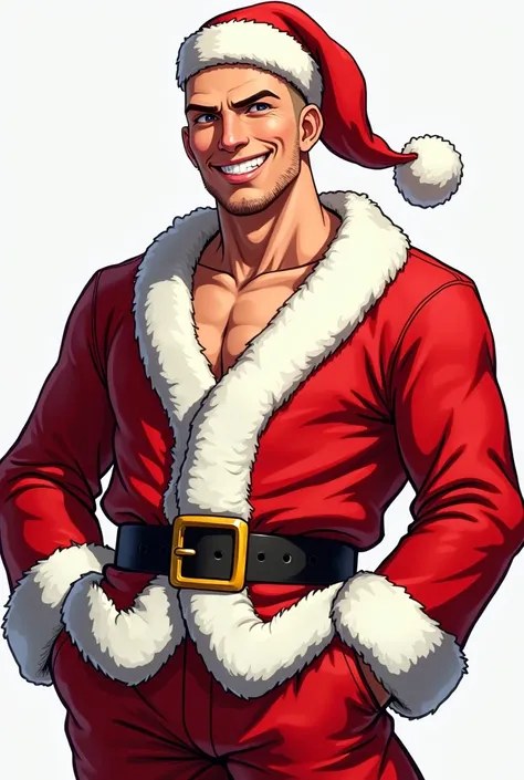 A bald man without a beard , wearing a Santa costume , without hat, without hat,  smiling,  video game-like drawing in the style of Guilty Gear 