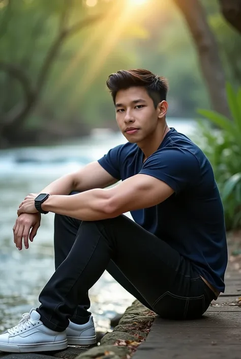 Professional photography, river flowing through a wooden yard, close-up photo of a handsome Korean man กล้ามใหญ่ไหล่กว้าง, (muscular man with short hair), (big muscles, big body), (handsome, fit body), , (muscular man with short hair), (big muscles, big bo...