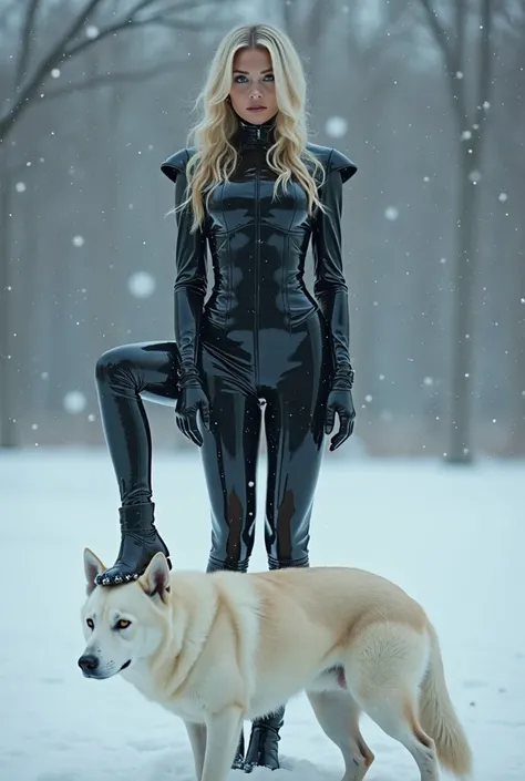 A picture of a hot princess in latex with her foot on the head of her white dog and add the word "snow" as a title for the image 